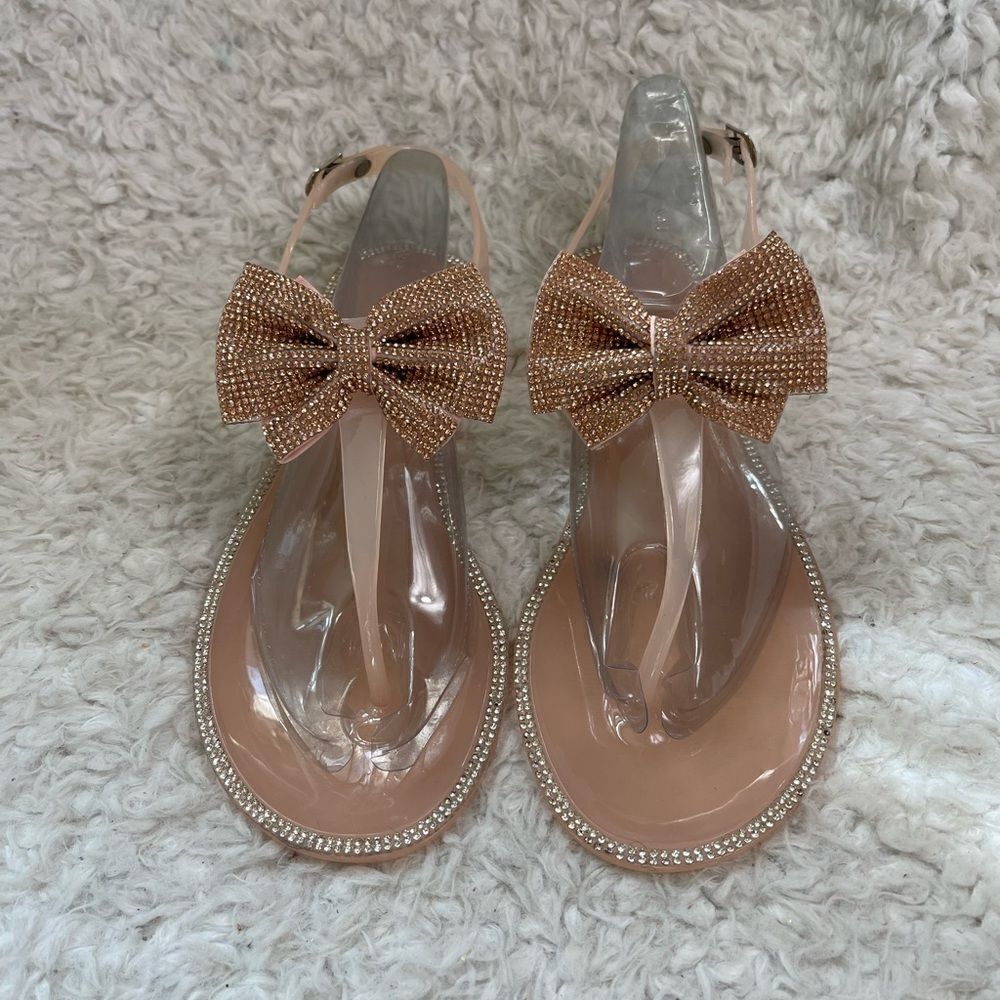 Liliana Rose gold jelly ankle strap thong sandals rhinestones bow accent SZ10